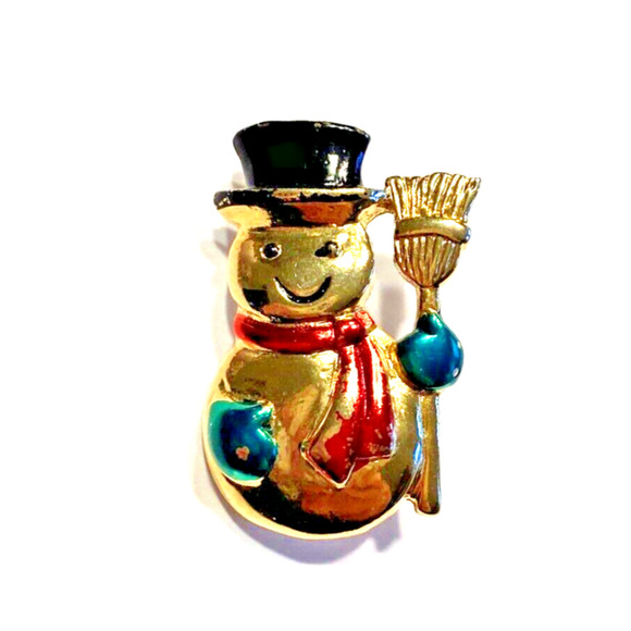 Signed SFJ Christmas Brooch Goldtone Snowman Red Green Festive Fun Holiday Pin - Picture 2 of 6